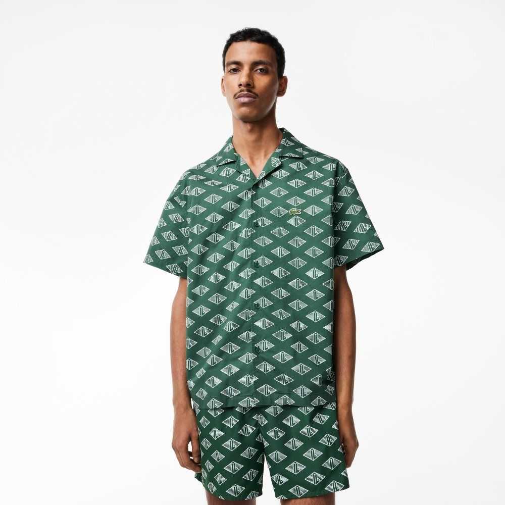 Green / White Lacoste Short Sleeve Monogram Print Shirt | VQSAFT-395