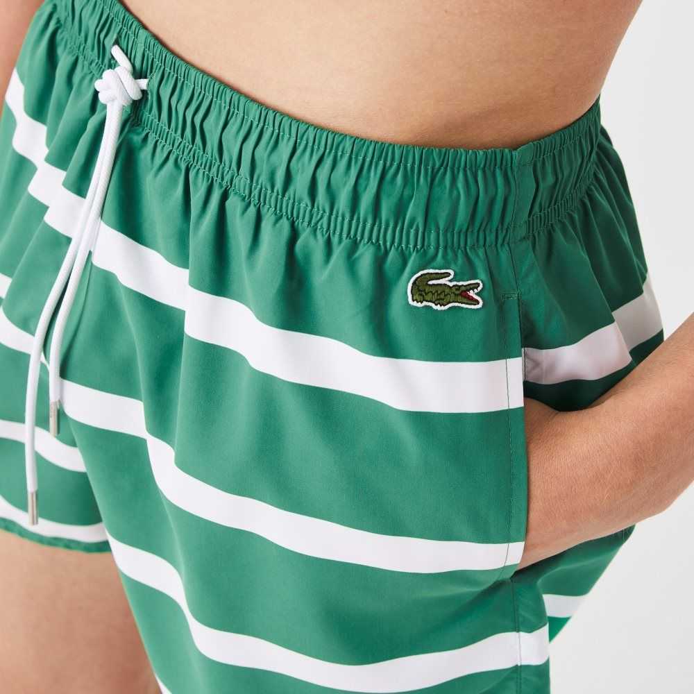 Green / White Lacoste Striped And Embroidered Light Swimming Trunks | IYWERP-926