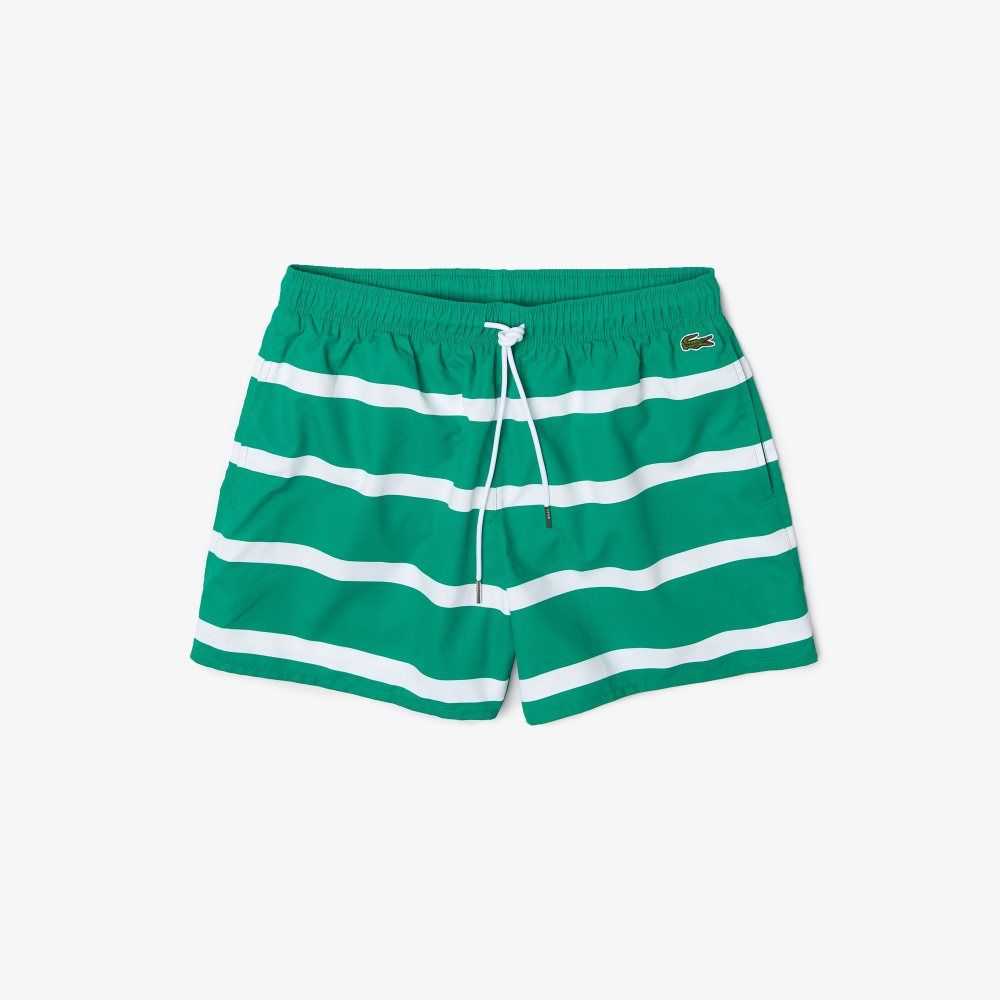 Green / White Lacoste Striped And Embroidered Light Swimming Trunks | IYWERP-926