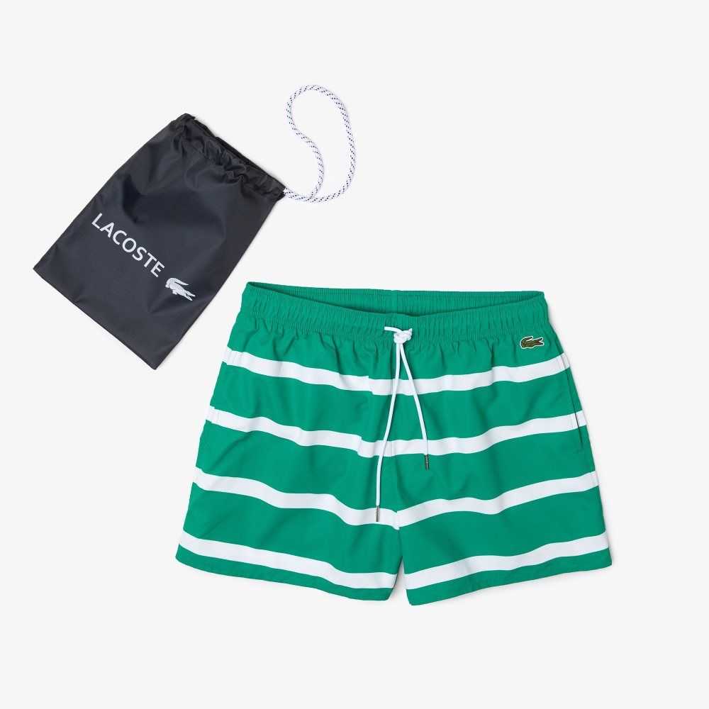 Green / White Lacoste Striped And Embroidered Light Swimming Trunks | IYWERP-926