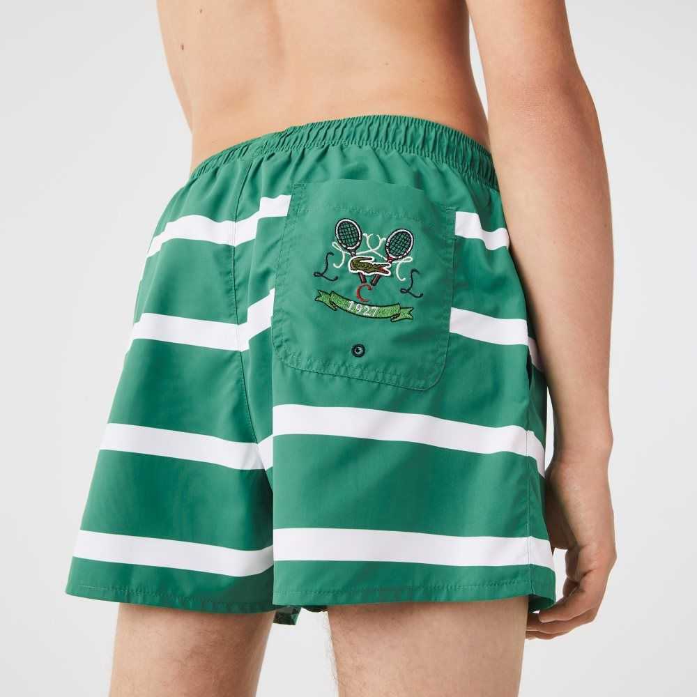 Green / White Lacoste Striped And Embroidered Light Swimming Trunks | IYWERP-926