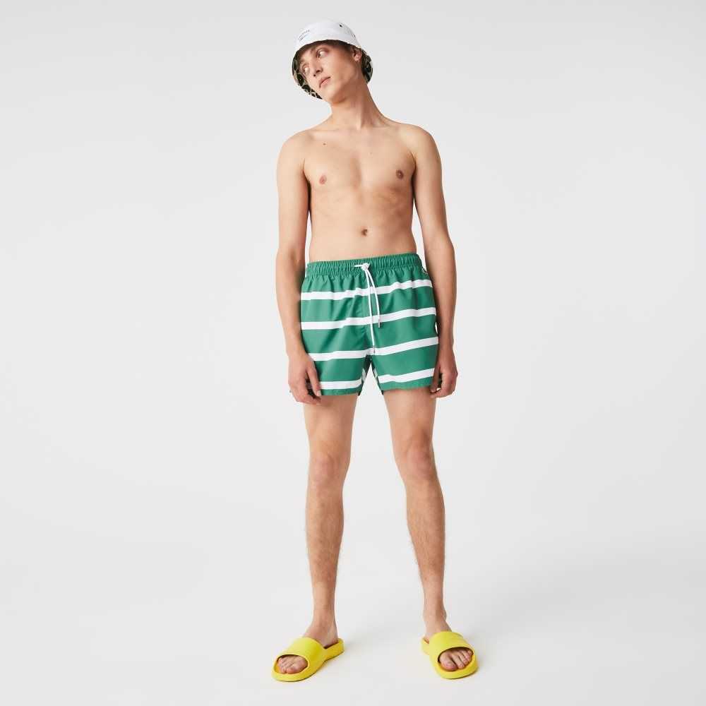 Green / White Lacoste Striped And Embroidered Light Swimming Trunks | IYWERP-926