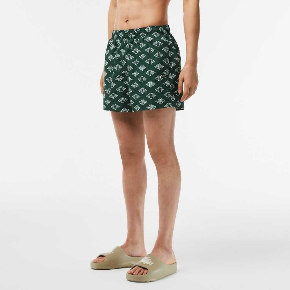 Green / White Lacoste Two-Tone Monogram Print Swim Trunks | IGLPYV-218