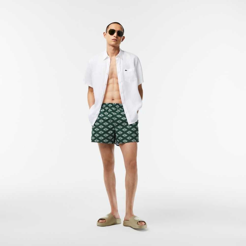 Green / White Lacoste Two-Tone Monogram Print Swim Trunks | IGLPYV-218