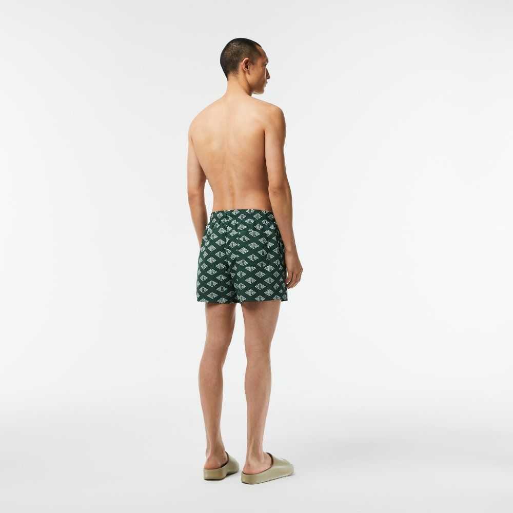 Green / White Lacoste Two-Tone Monogram Print Swim Trunks | IGLPYV-218