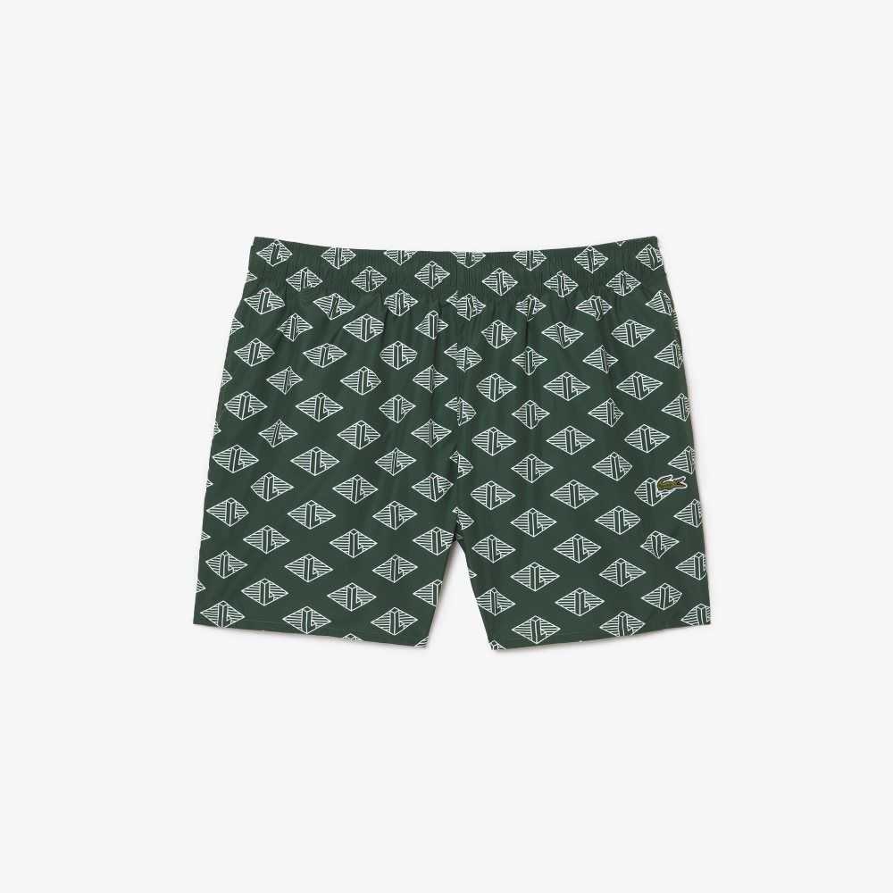 Green / White Lacoste Two-Tone Monogram Print Swim Trunks | IGLPYV-218