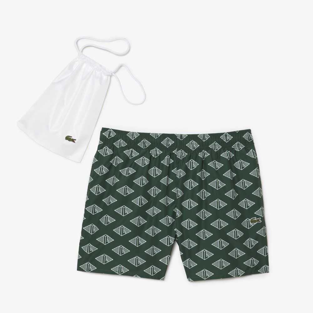 Green / White Lacoste Two-Tone Monogram Print Swim Trunks | IGLPYV-218