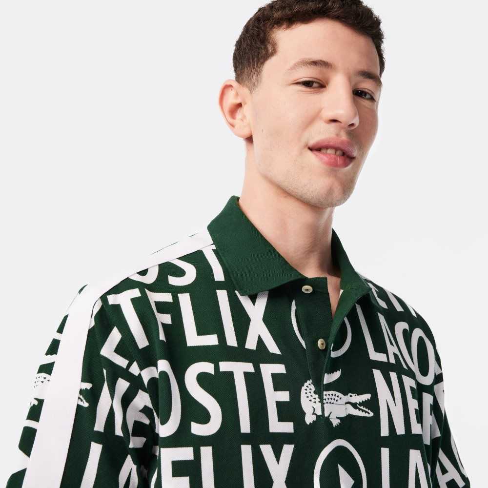 Green / White Lacoste x Netflix Loose Fit Organic Cotton Print Polo | LKIOWG-071