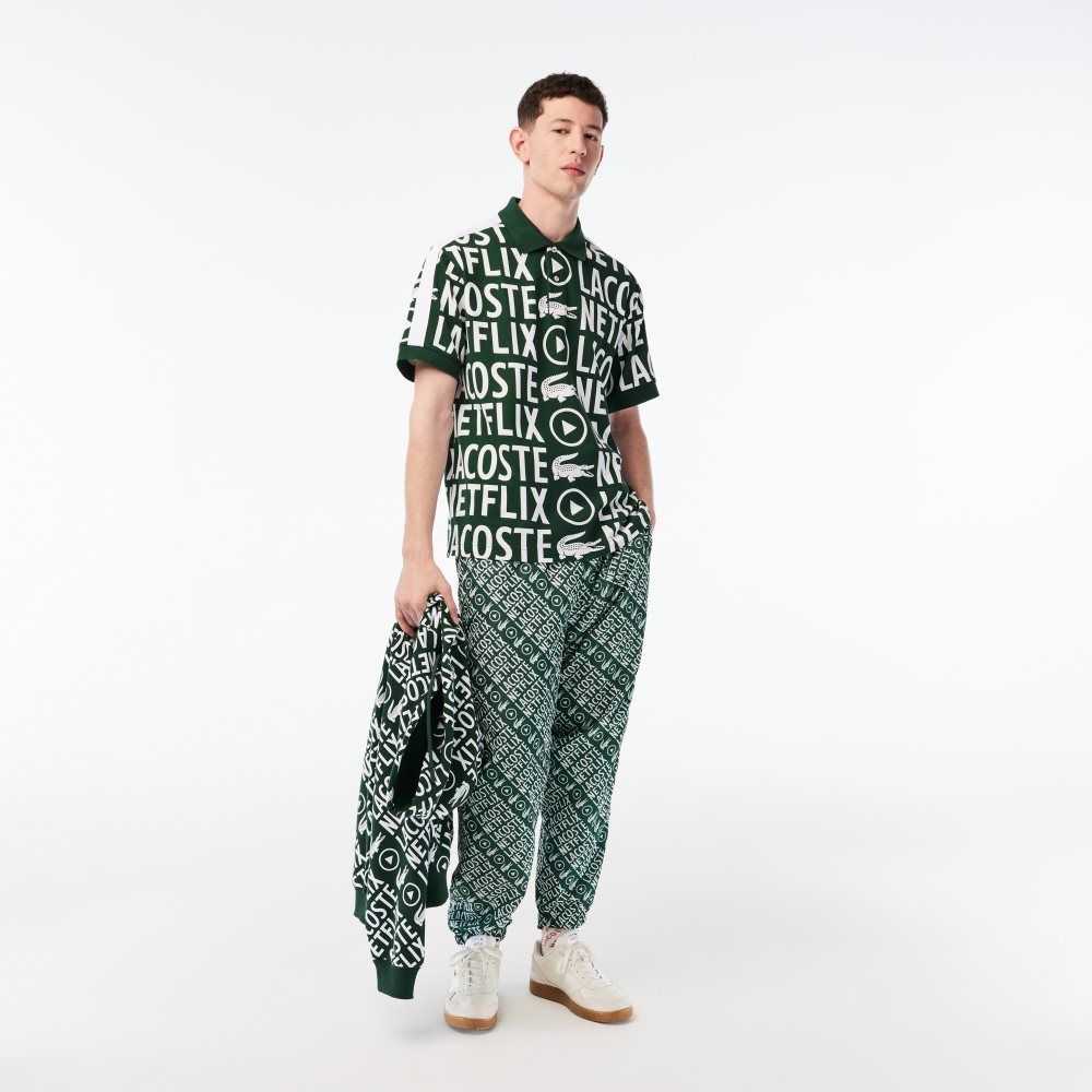 Green / White Lacoste x Netflix Loose Fit Organic Cotton Print Polo | LKIOWG-071