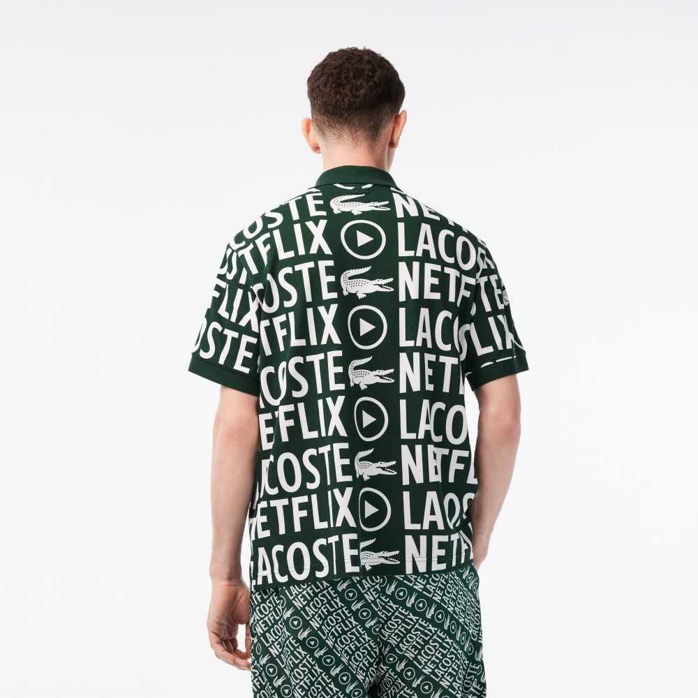 Green / White Lacoste x Netflix Loose Fit Organic Cotton Print Polo | LKIOWG-071