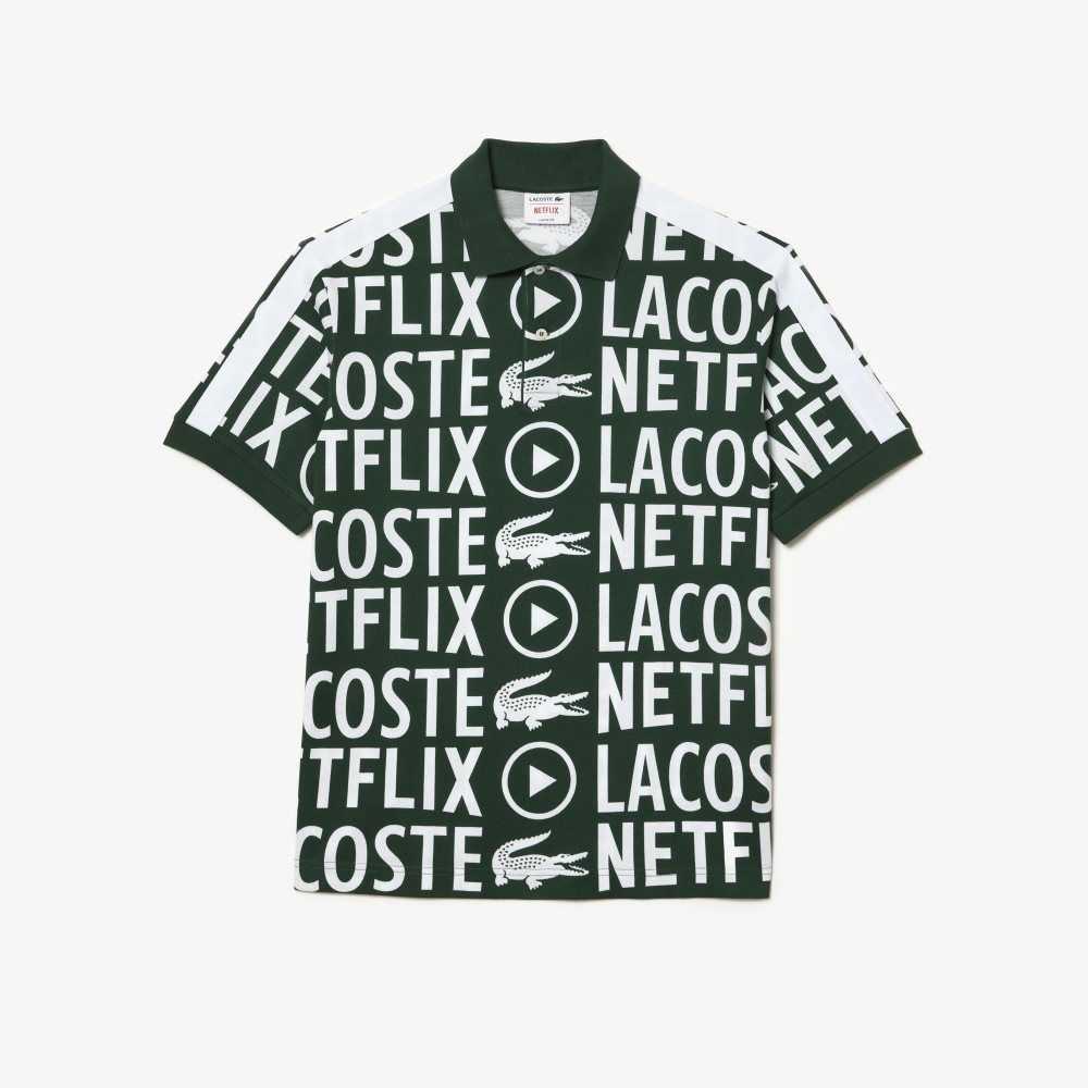 Green / White Lacoste x Netflix Loose Fit Organic Cotton Print Polo | LKIOWG-071