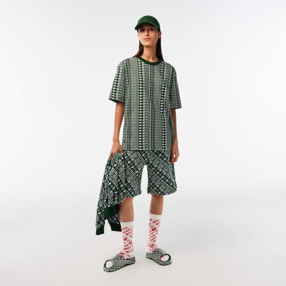 Green / White Lacoste x Netflix Loose Fit Printed T-Shirt | NHLRCW-514