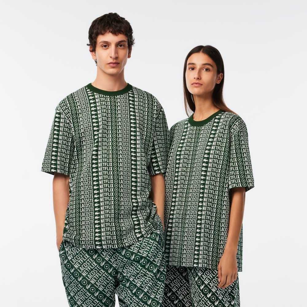 Green / White Lacoste x Netflix Loose Fit Printed T-Shirt | NHLRCW-514