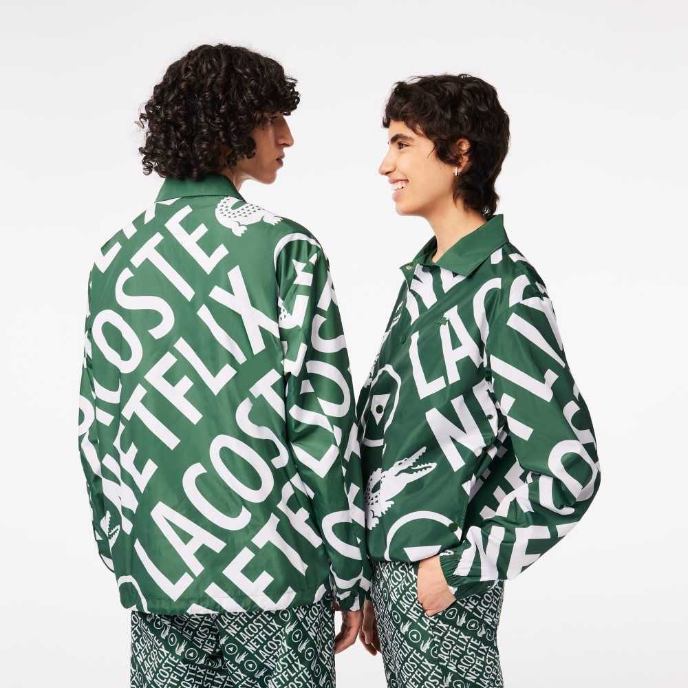 Green / White Lacoste x Netflix Printed Polo Jacket | NZGMIT-904