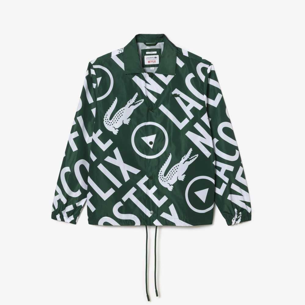 Green / White Lacoste x Netflix Printed Polo Jacket | NZGMIT-904