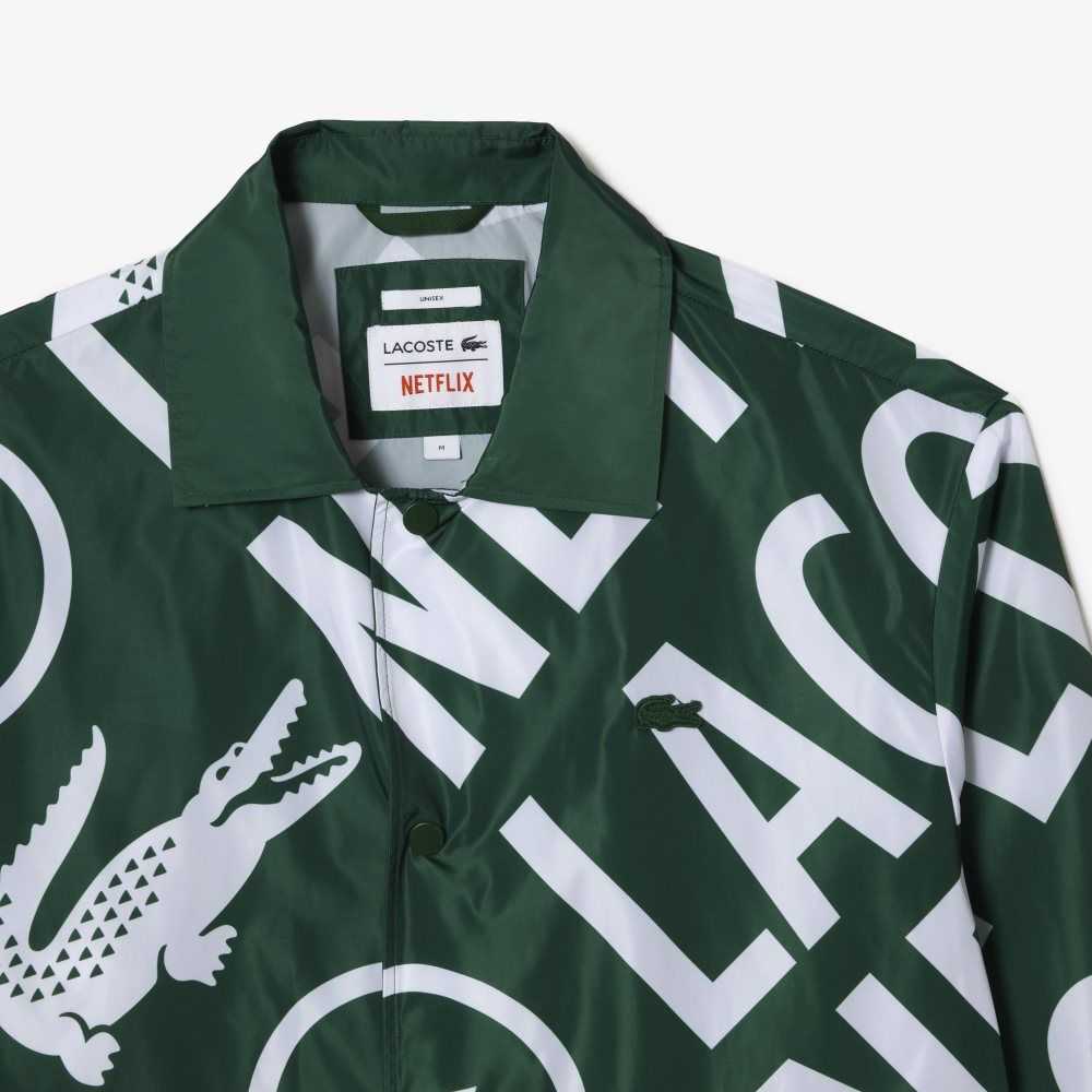 Green / White Lacoste x Netflix Printed Polo Jacket | NZGMIT-904