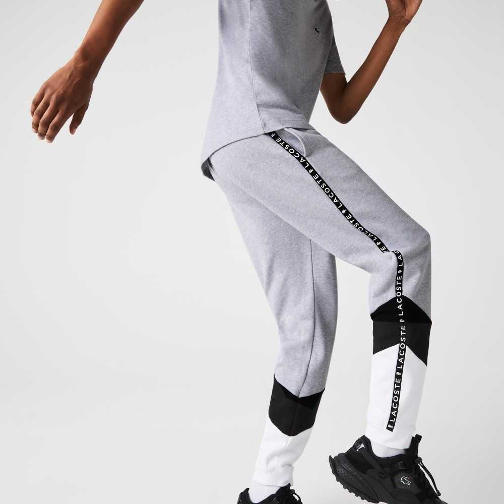 Grey Chine / Black / White Lacoste Signature Striped Colorblock Fleece Jogging Pants | GEMXHN-582