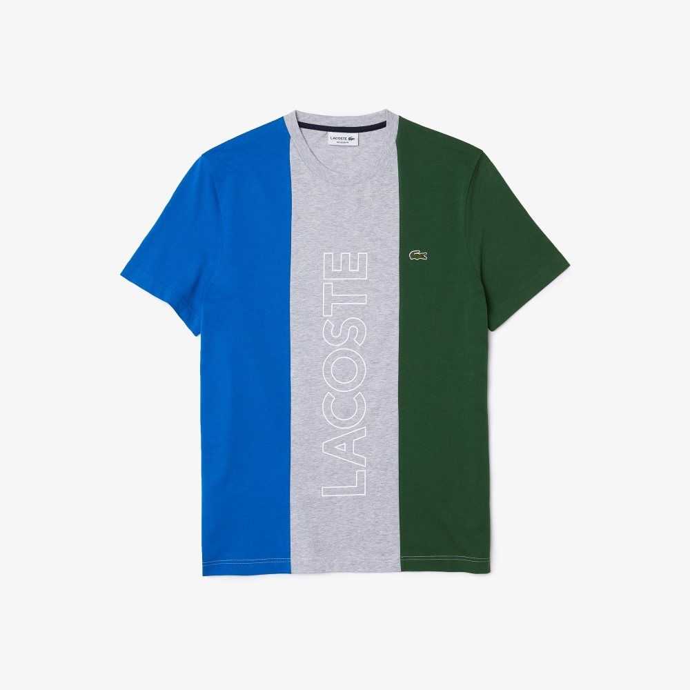 Grey Chine / Blue / Green Lacoste Branded Crew Neck Cotton T-Shirt | SXPJDU-935