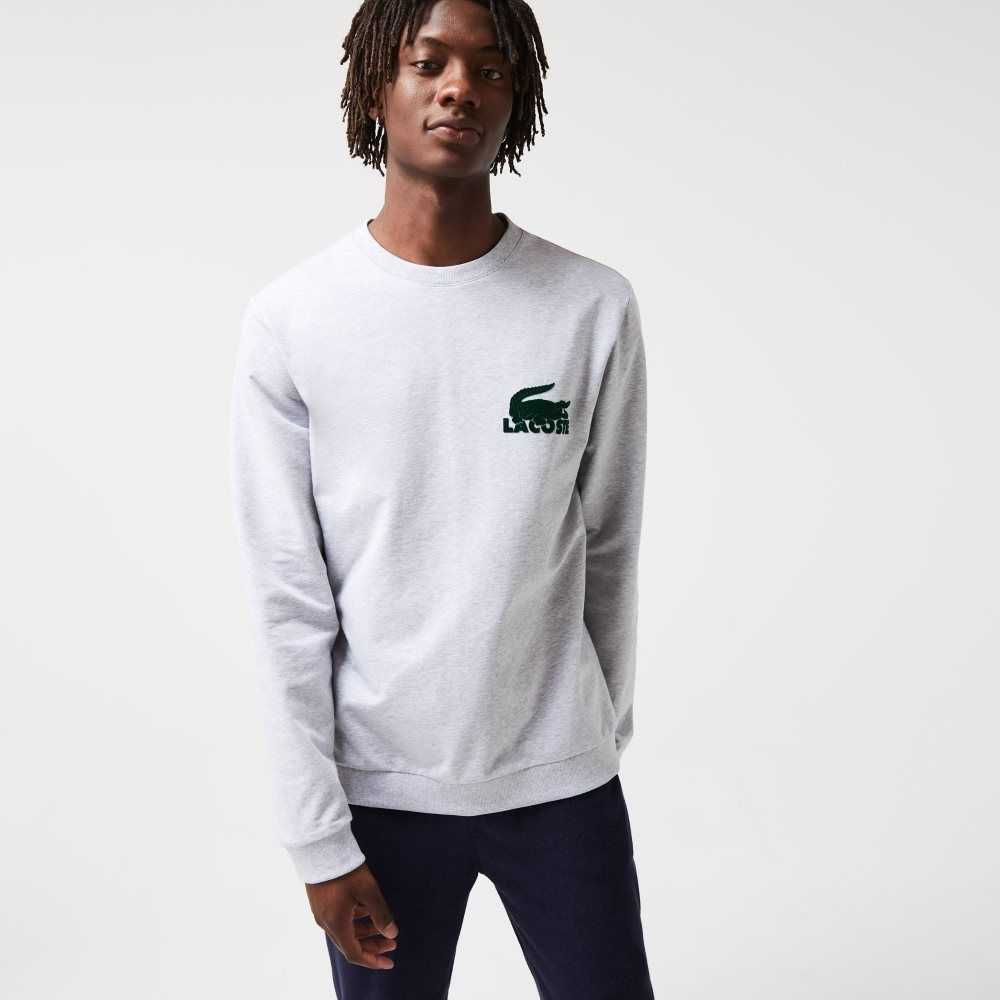 Grey Chine / Green Lacoste Cotton Fleece Lounge Sweatshirt | OEACSD-635