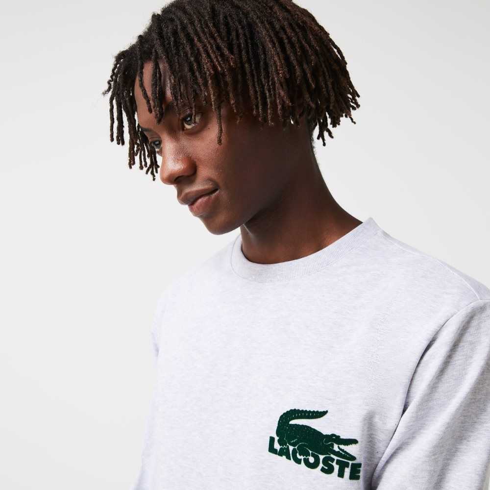 Grey Chine / Green Lacoste Cotton Fleece Lounge Sweatshirt | OEACSD-635