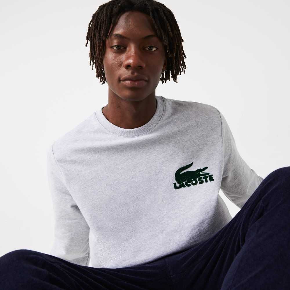 Grey Chine / Green Lacoste Cotton Fleece Lounge Sweatshirt | OEACSD-635