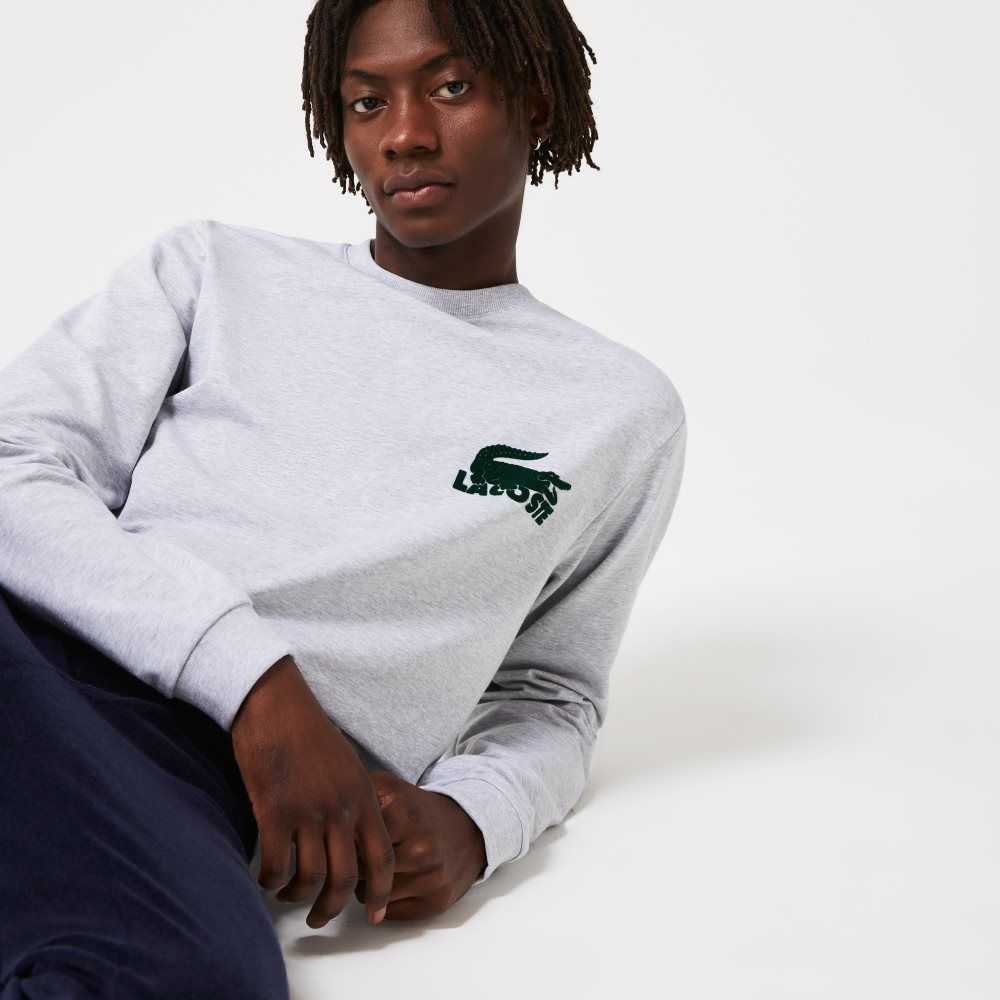 Grey Chine / Green Lacoste Cotton Fleece Lounge Sweatshirt | OEACSD-635