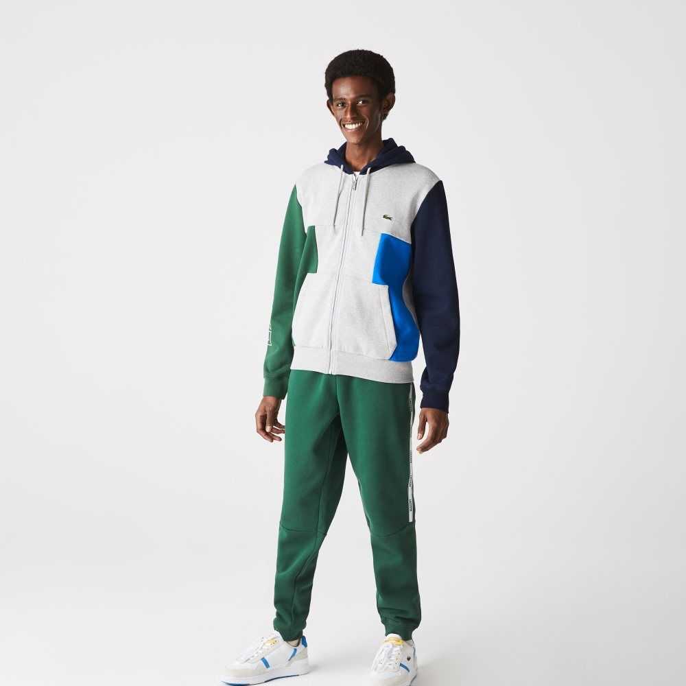 Grey Chine / Green / Navy Blue / Blue Lacoste Colorblock Zippered Fleece Hoodie | HCBDXV-685