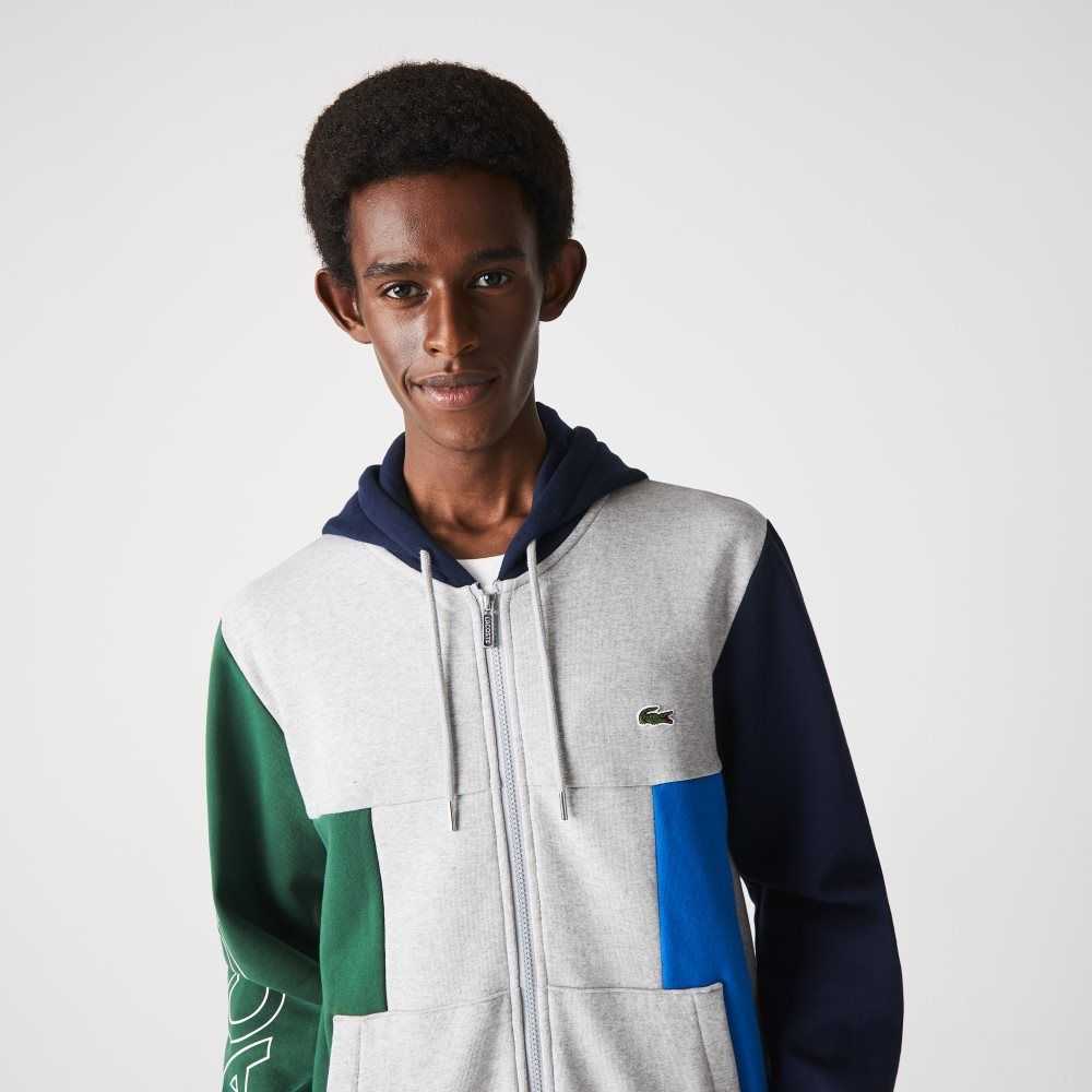 Grey Chine / Green / Navy Blue / Blue Lacoste Colorblock Zippered Fleece Hoodie | HCBDXV-685