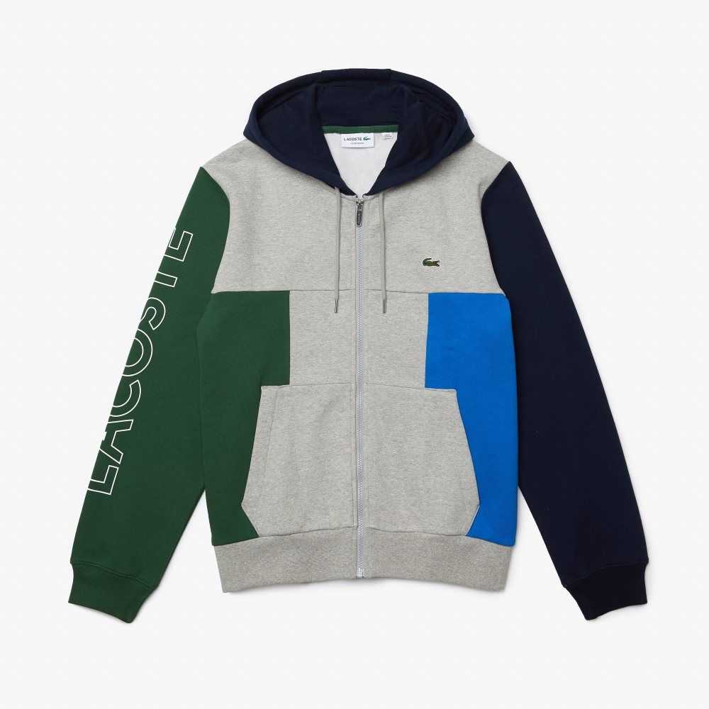 Grey Chine / Green / Navy Blue / Blue Lacoste Colorblock Zippered Fleece Hoodie | HCBDXV-685