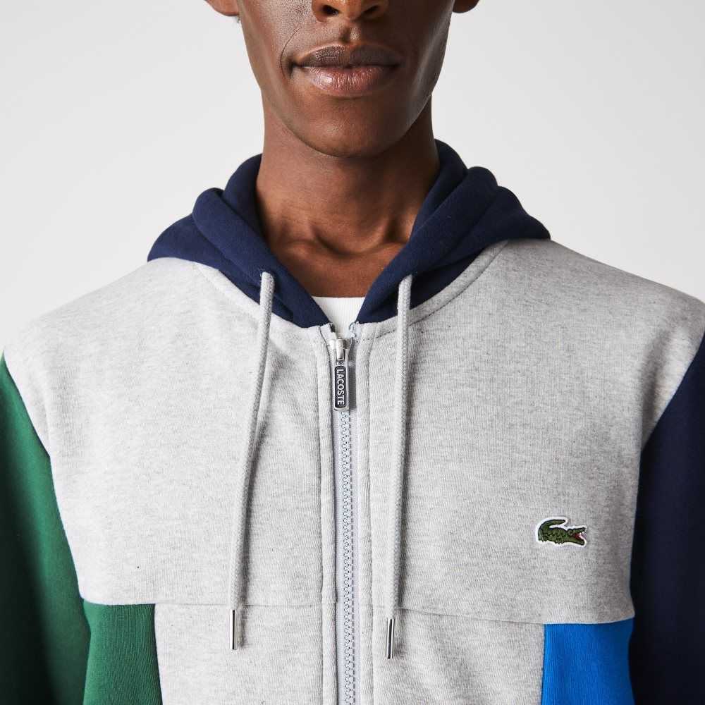 Grey Chine / Green / Navy Blue / Blue Lacoste Colorblock Zippered Fleece Hoodie | HCBDXV-685