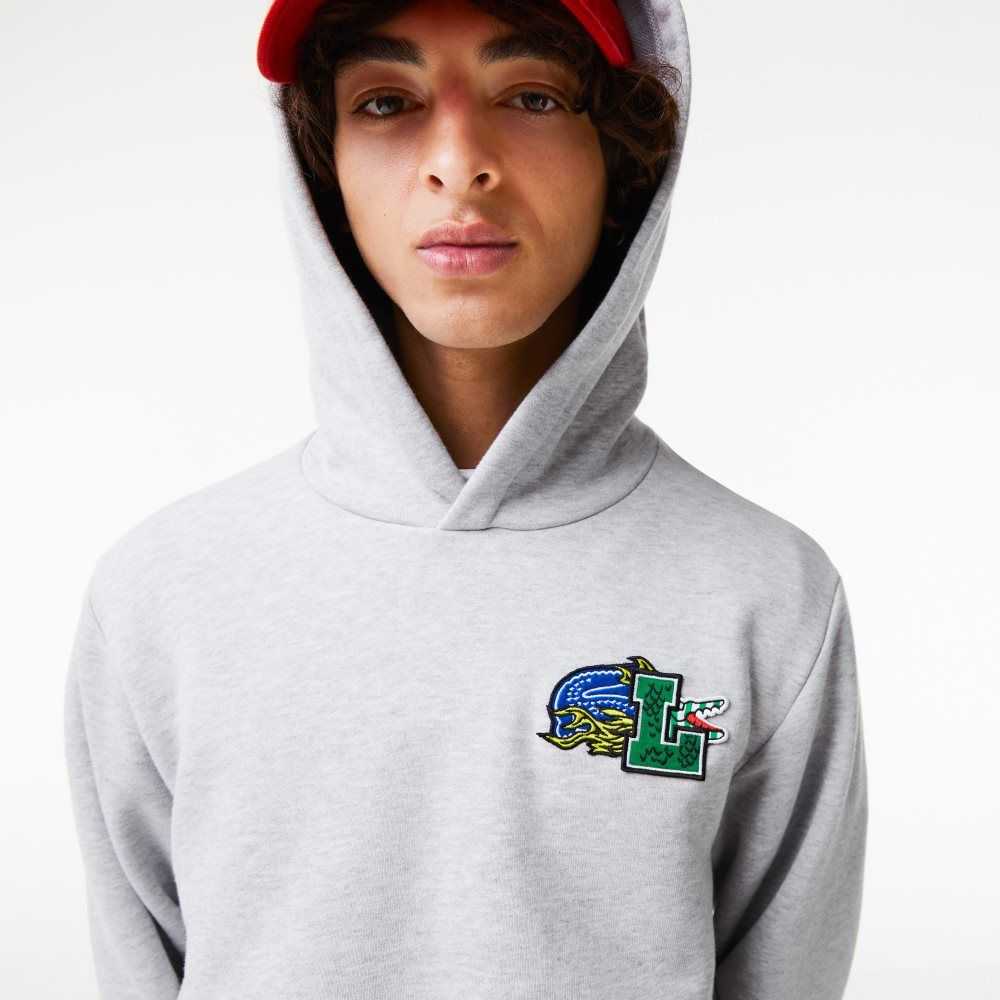 Grey Chine Lacoste Comic Effect Print Hooded Sweatshirt | RGFNDA-732