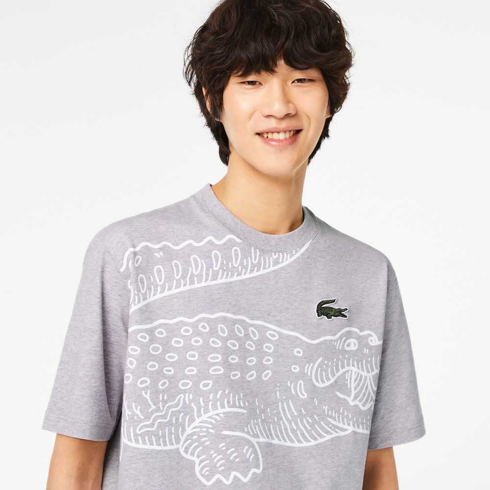 Grey Chine Lacoste Crew Neck Loose Fit Crocodile Print T-Shirt | EJGLAY-138