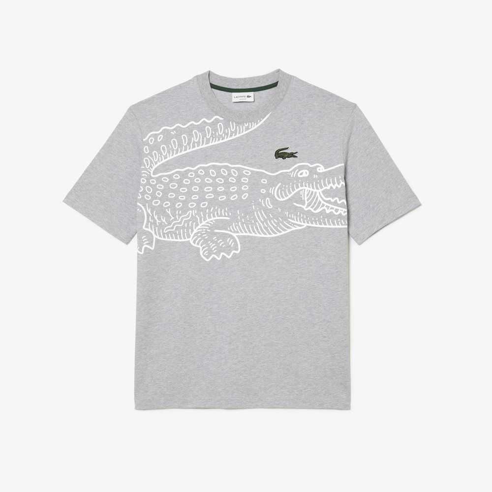 Grey Chine Lacoste Crew Neck Loose Fit Crocodile Print T-Shirt | EJGLAY-138