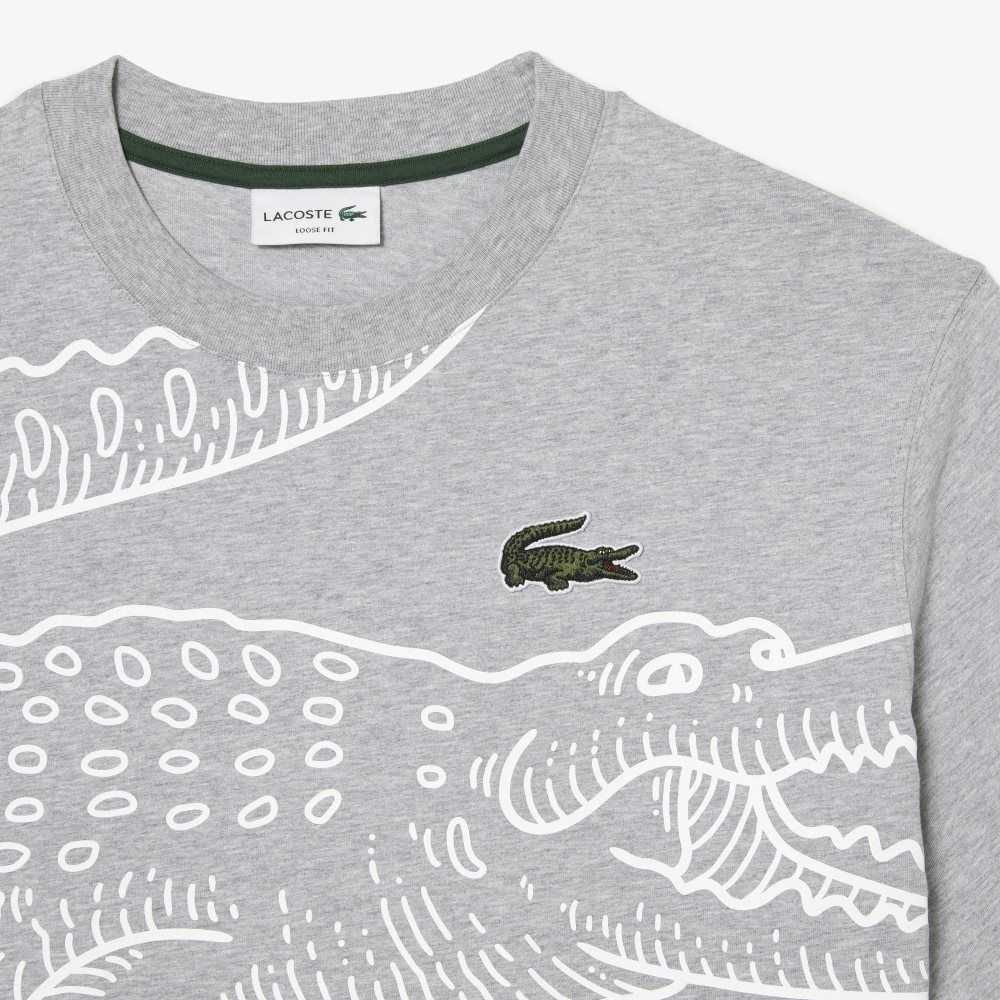 Grey Chine Lacoste Crew Neck Loose Fit Crocodile Print T-Shirt | EJGLAY-138