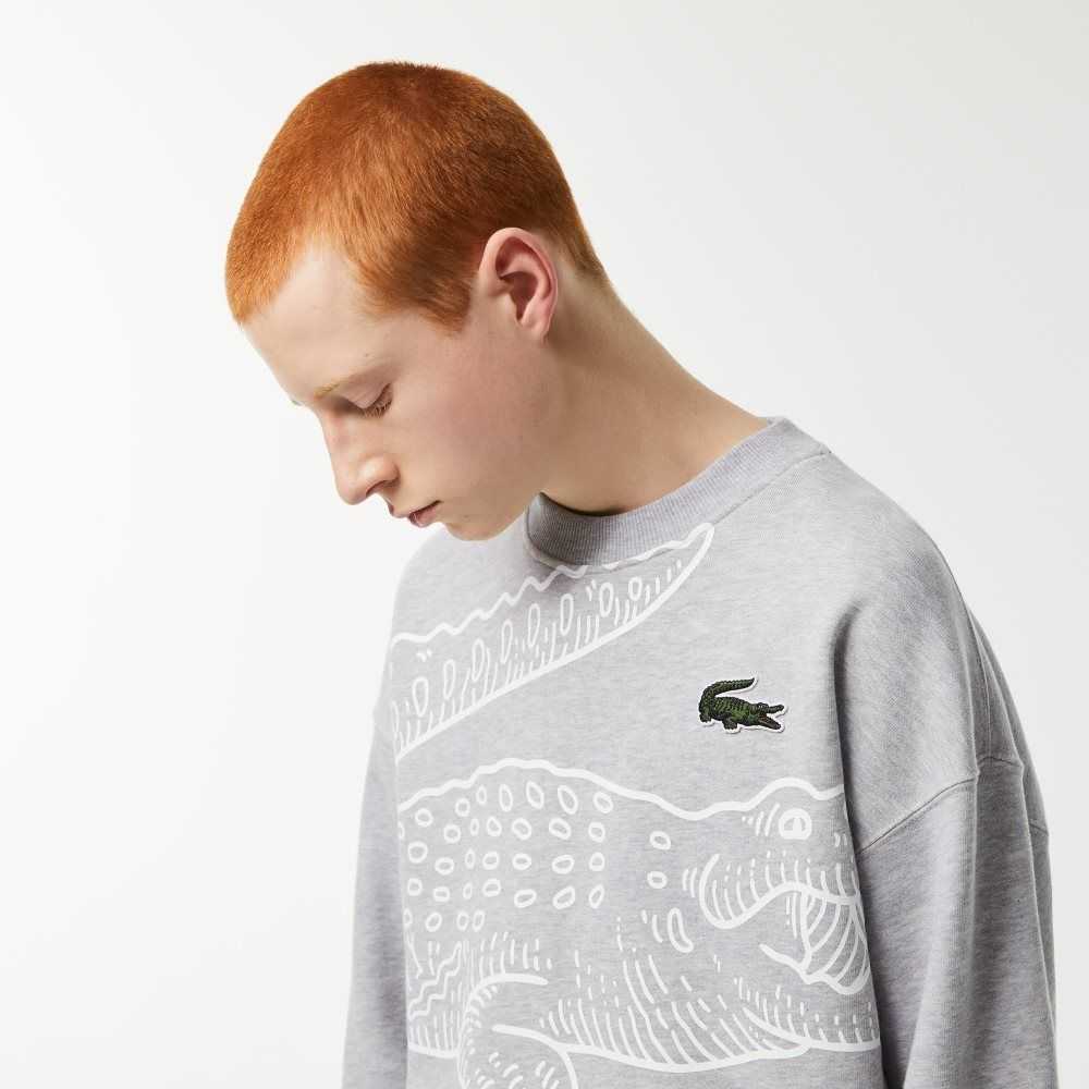 Grey Chine Lacoste Crew Neck Loose Fit Croc Print Sweatshirt | VMSPYQ-421