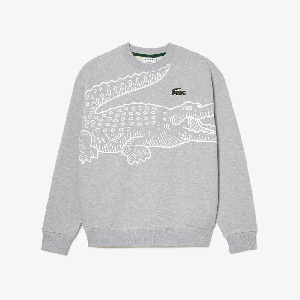 Grey Chine Lacoste Crew Neck Loose Fit Croc Print Sweatshirt | VMSPYQ-421