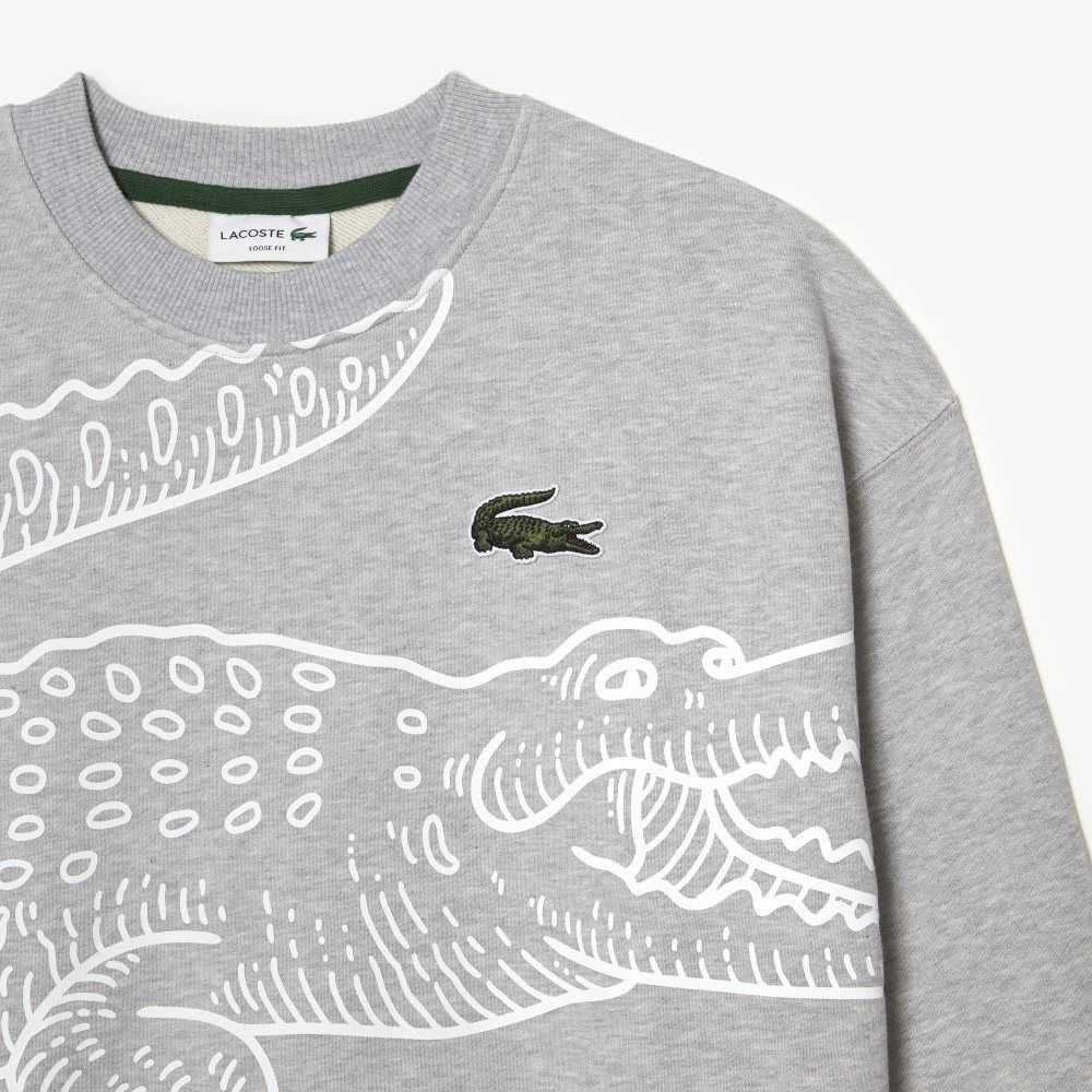 Grey Chine Lacoste Crew Neck Loose Fit Croc Print Sweatshirt | VMSPYQ-421