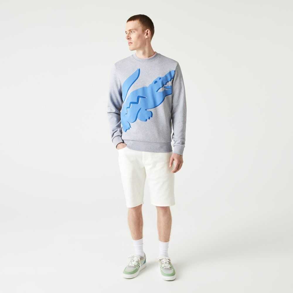 Grey Chine Lacoste Crew Neck Print Organic Cotton Fleece Sweatshirt | KDTPGR-137