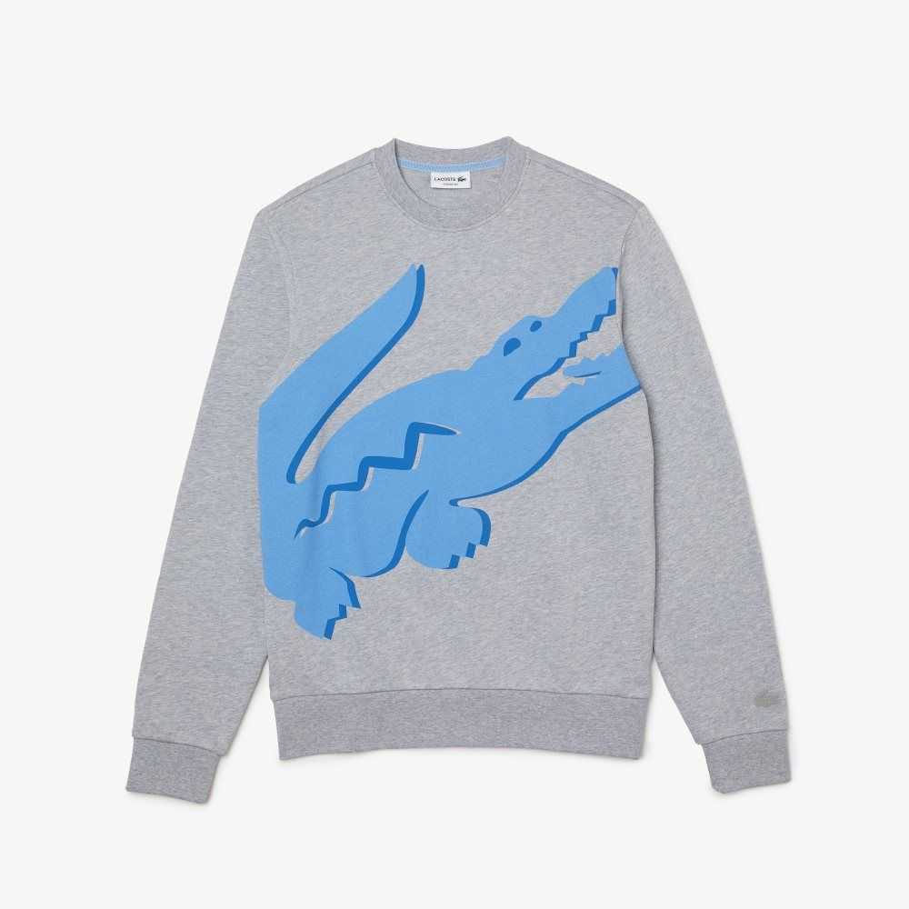 Grey Chine Lacoste Crew Neck Print Organic Cotton Fleece Sweatshirt | KDTPGR-137