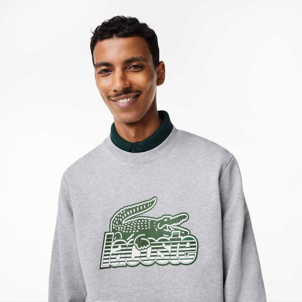 Grey Chine Lacoste Crew Neck Unbrushed Fleece Sweatshirt | QUWZAR-820