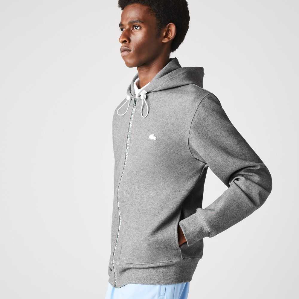 Grey Chine Lacoste Hooded Cotton Blend Lettered Zip Sweatshirt | INKCGU-514