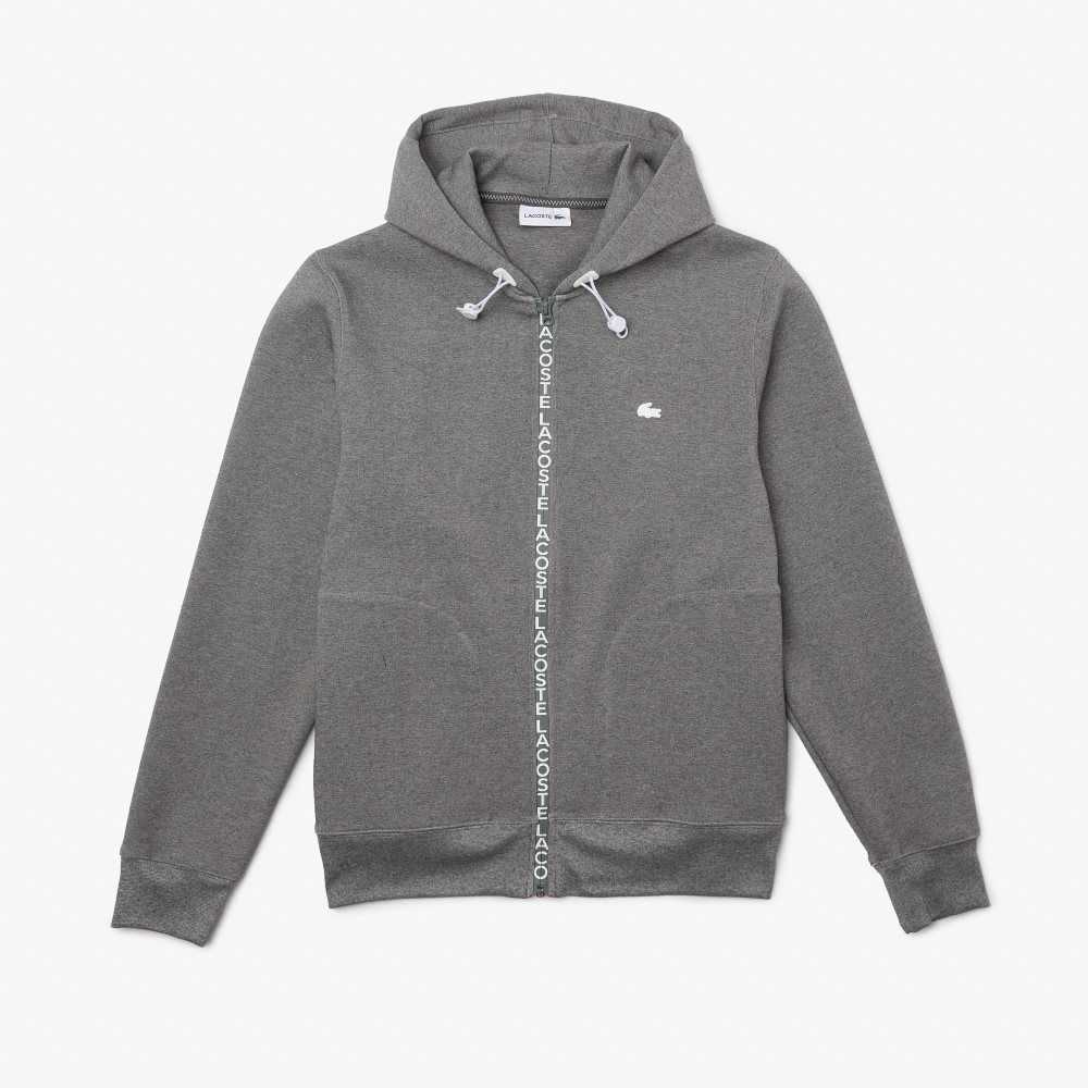 Grey Chine Lacoste Hooded Cotton Blend Lettered Zip Sweatshirt | INKCGU-514