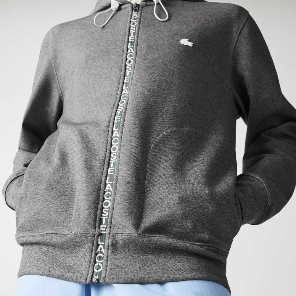 Grey Chine Lacoste Hooded Cotton Blend Lettered Zip Sweatshirt | INKCGU-514