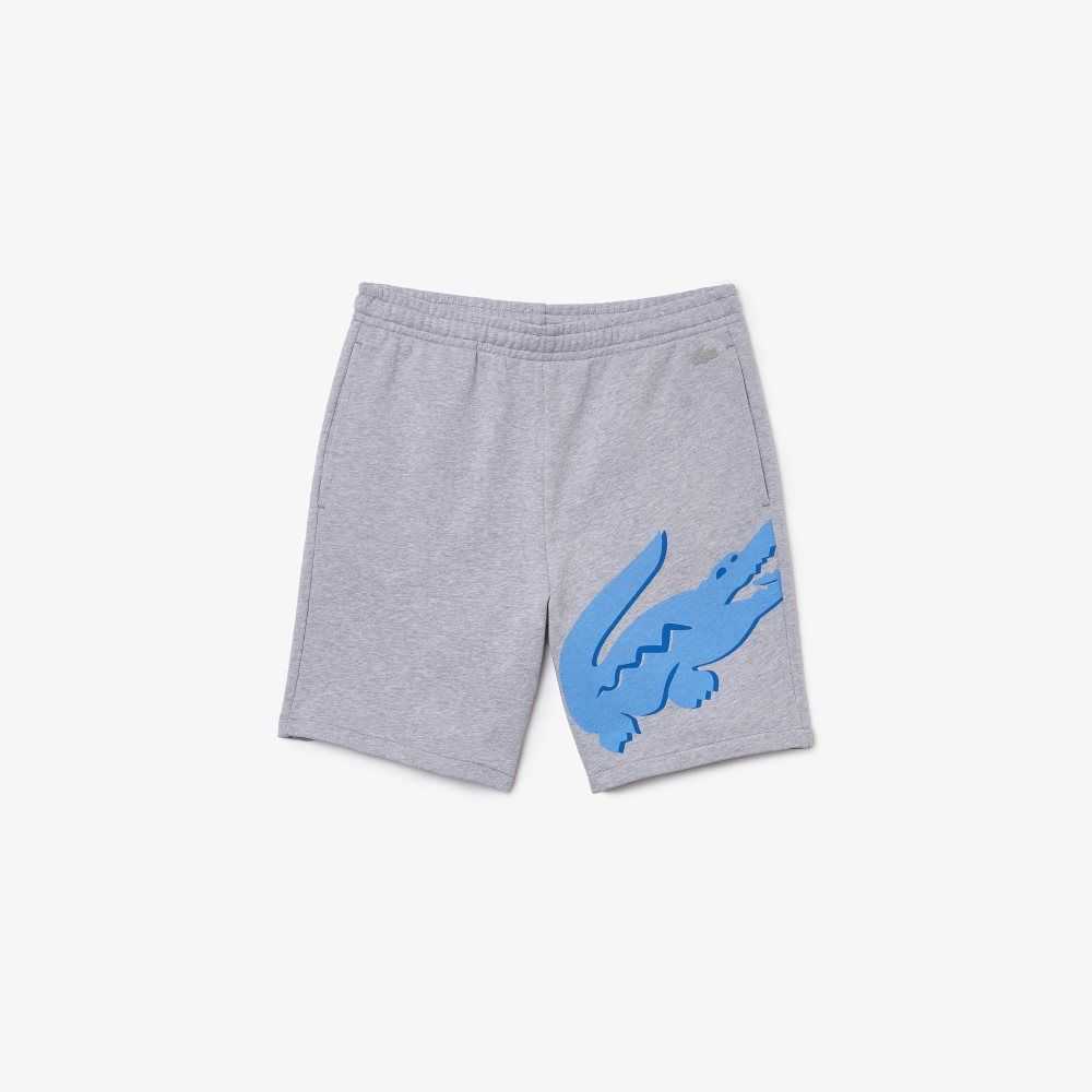 Grey Chine Lacoste Oversized Crocodile Print Organic Cotton Fleece Shorts | TEILRJ-205