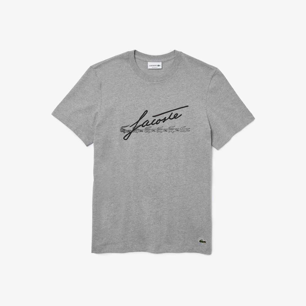 Grey Chine Lacoste Signature And Crocodile Print Crew Neck Cotton T-Shirt | KIVBND-205