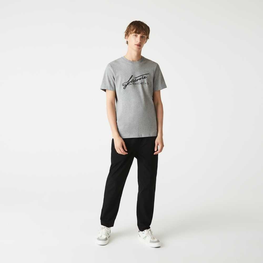 Grey Chine Lacoste Signature And Crocodile Print Crew Neck Cotton T-Shirt | KIVBND-205