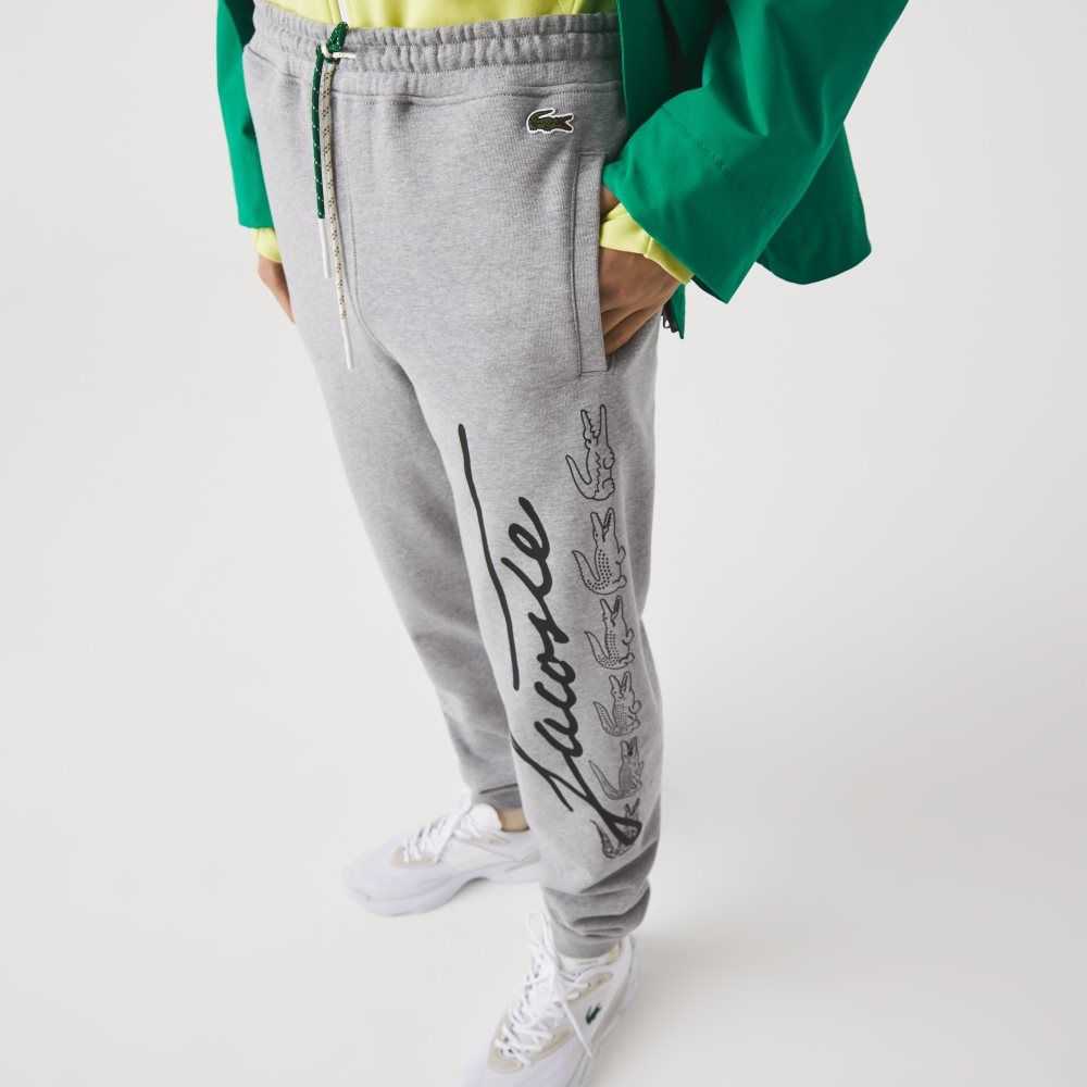 Grey Chine Lacoste Signature And Crocodile Print Cotton Fleece Jogging Pants | KMFHWX-056