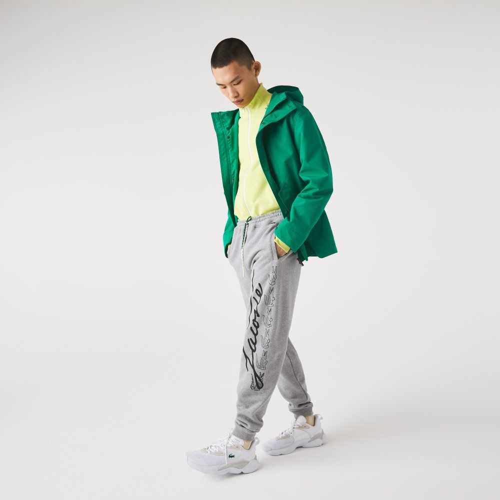 Grey Chine Lacoste Signature And Crocodile Print Cotton Fleece Jogging Pants | KMFHWX-056