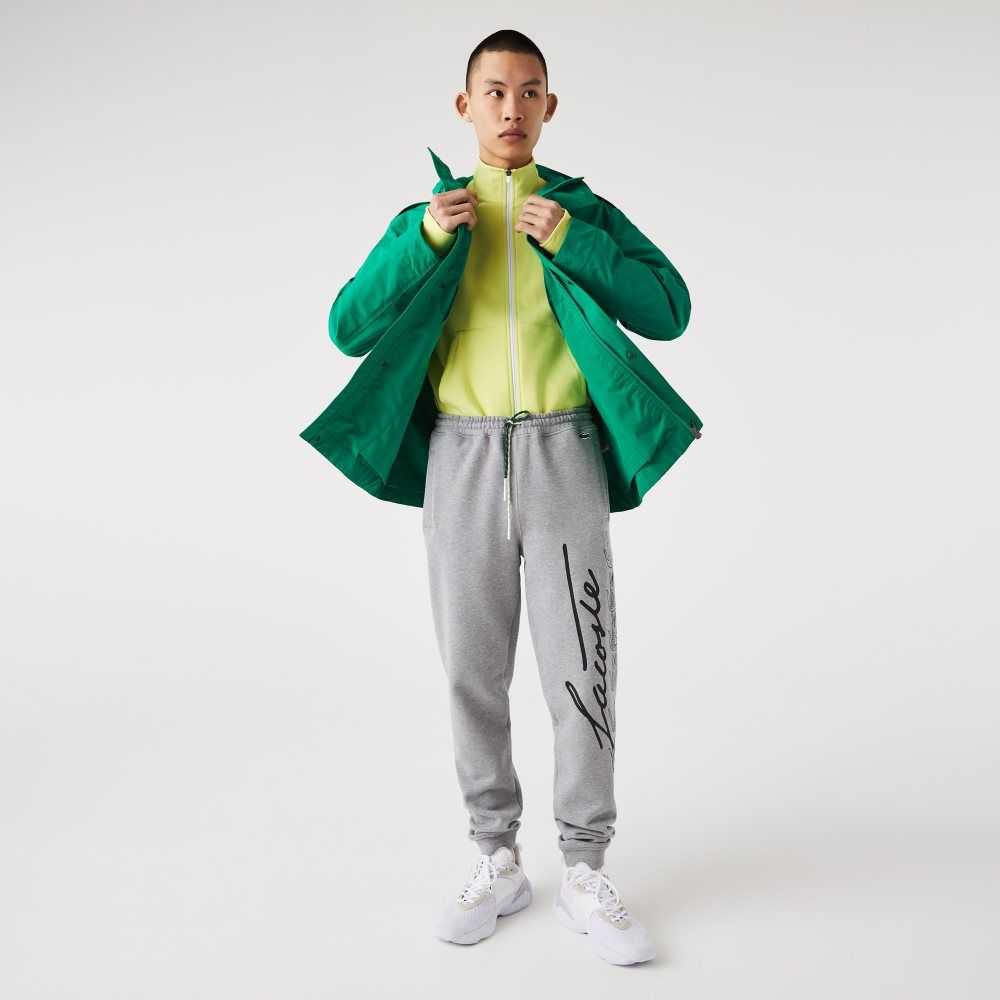 Grey Chine Lacoste Signature And Crocodile Print Cotton Fleece Jogging Pants | KMFHWX-056