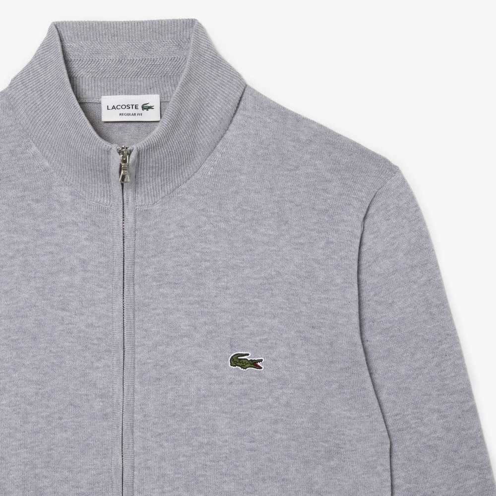 Grey Chine Lacoste Stand-Up Collar Organic Cotton Zippered Sweater | FLNAYP-562